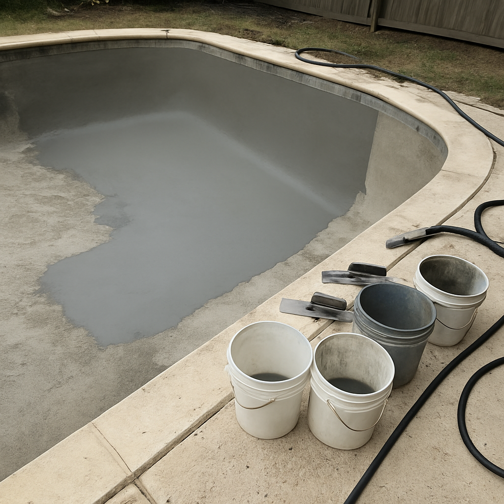 Empty pool shell mid-resurfacing with new plaster being applied