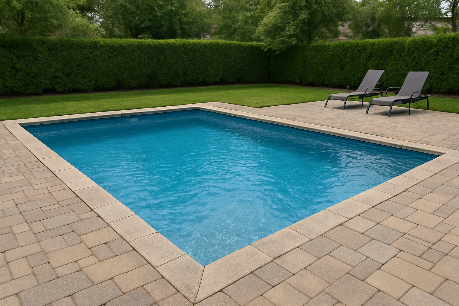 Inground swimming pool with stone coping in a well-kept residential backyard