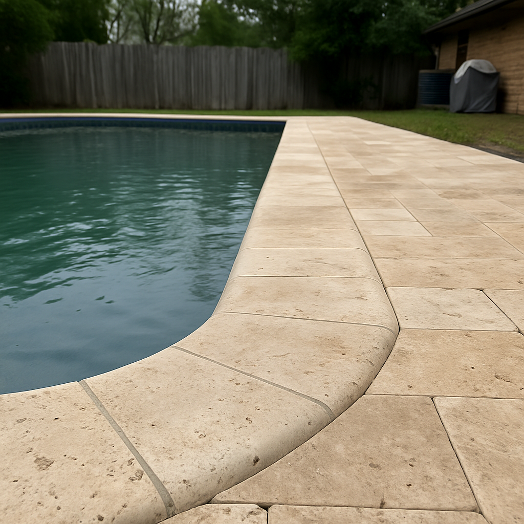 New travertine pool deck and bullnose coping around an existing pool