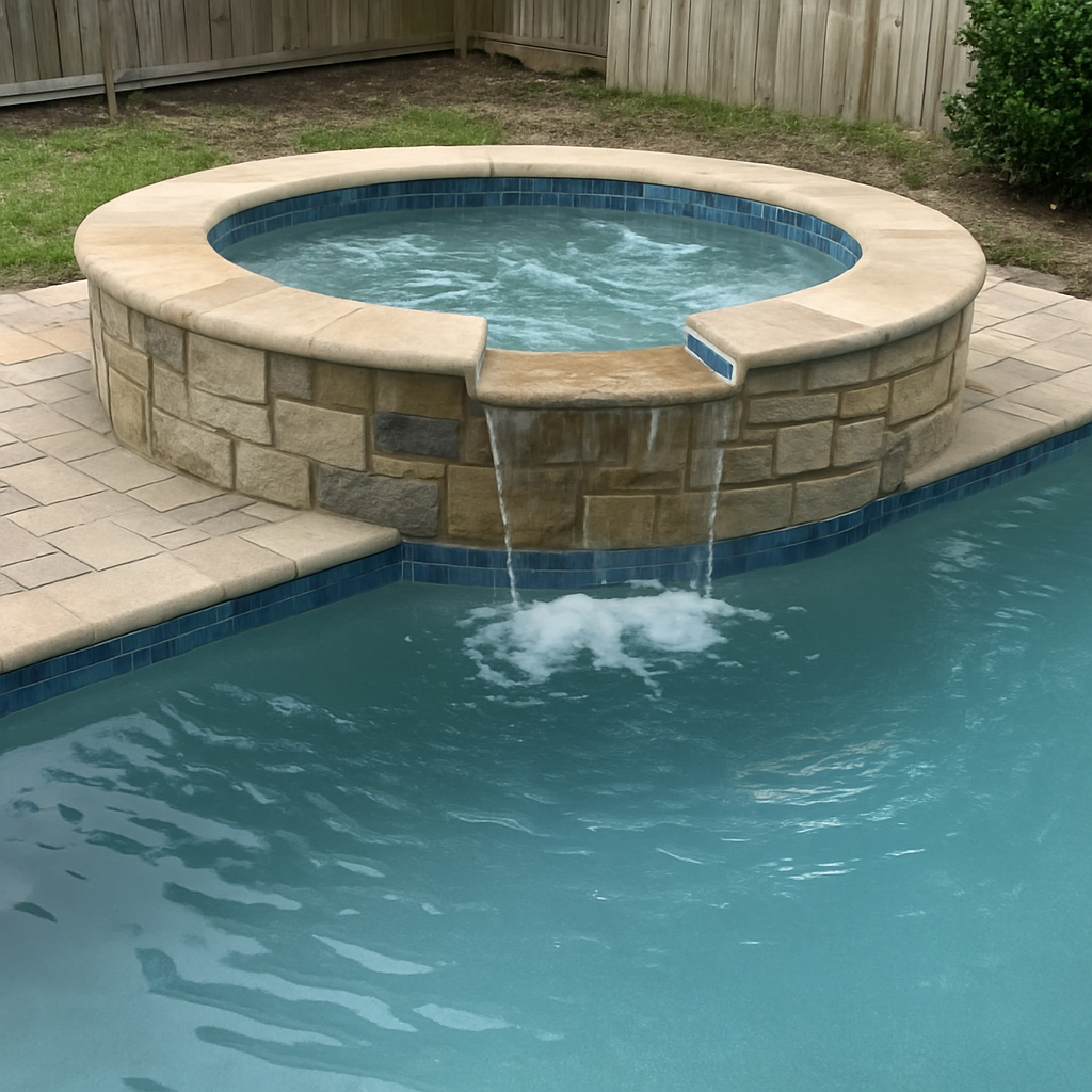 Attached raised spa with a stone spillway pouring into a backyard pool