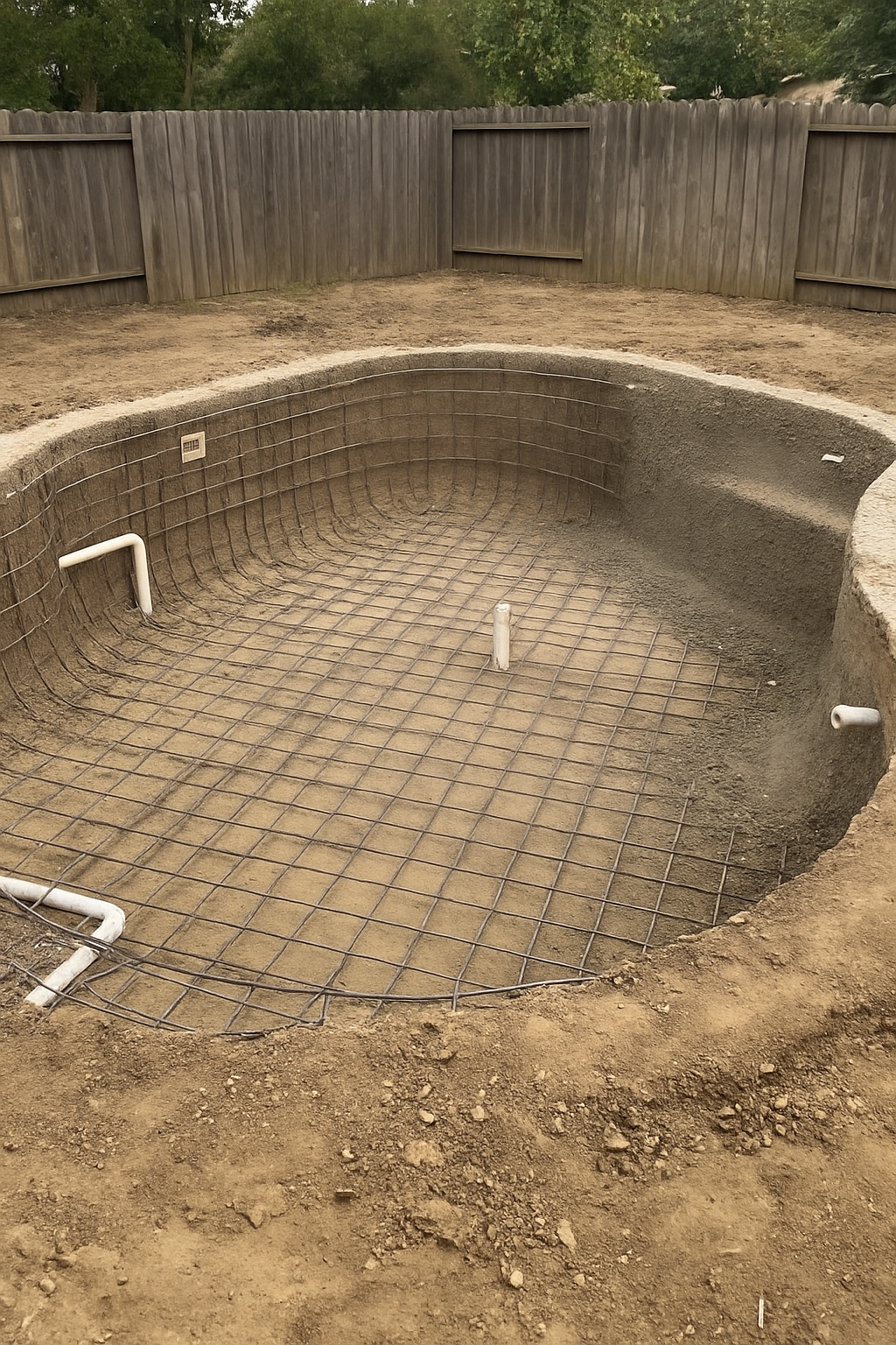 Backyard swimming pool under construction with a steel rebar shell and plumbing lines