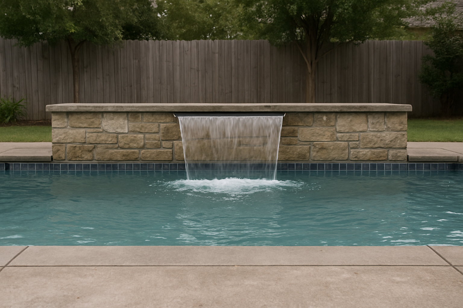 Backyard pool with a sheer-descent water feature set into a low stone wall
