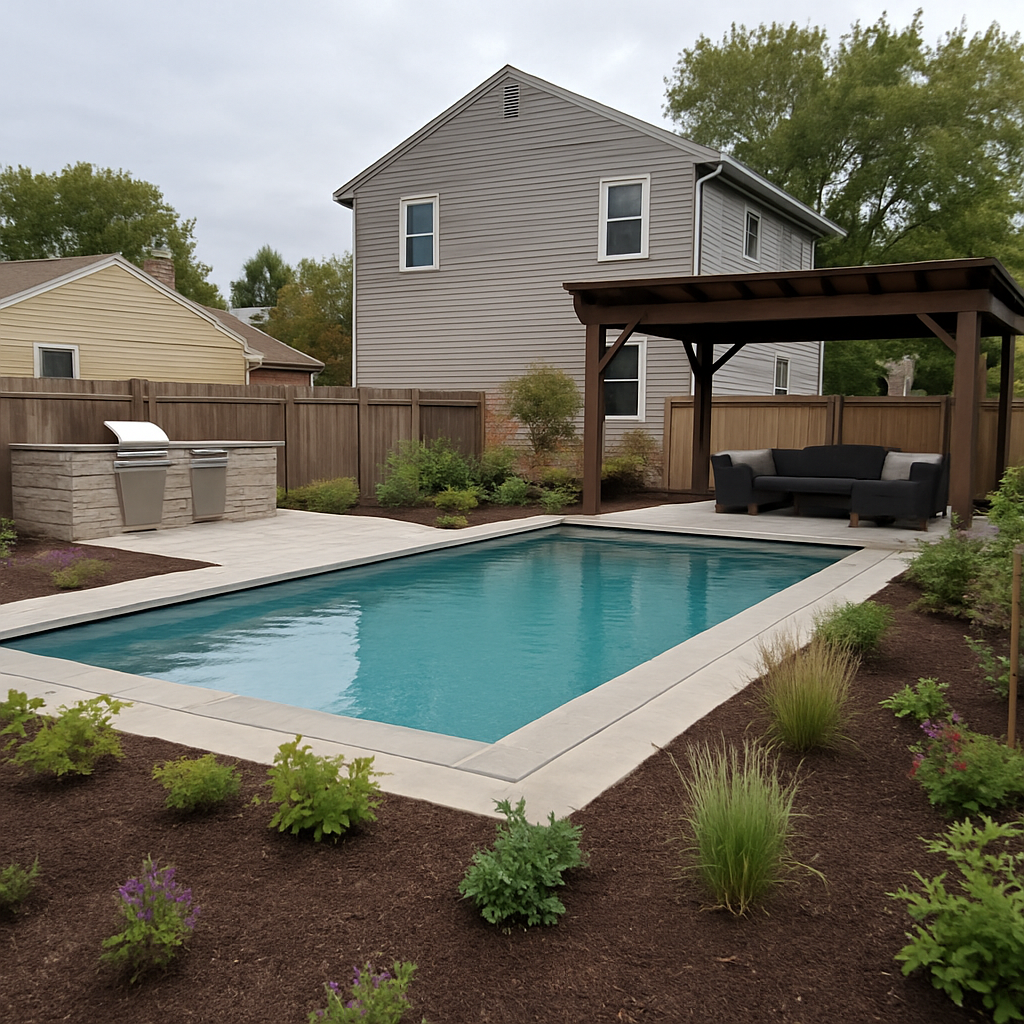 Backyard transformation with a pool, pergola seating area and outdoor kitchen counter