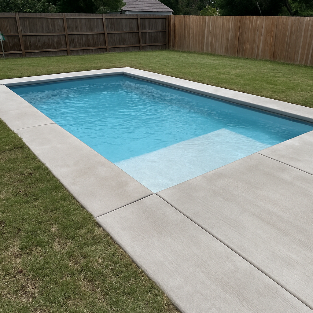 Newly completed rectangular inground pool with a tanning ledge and fresh sod