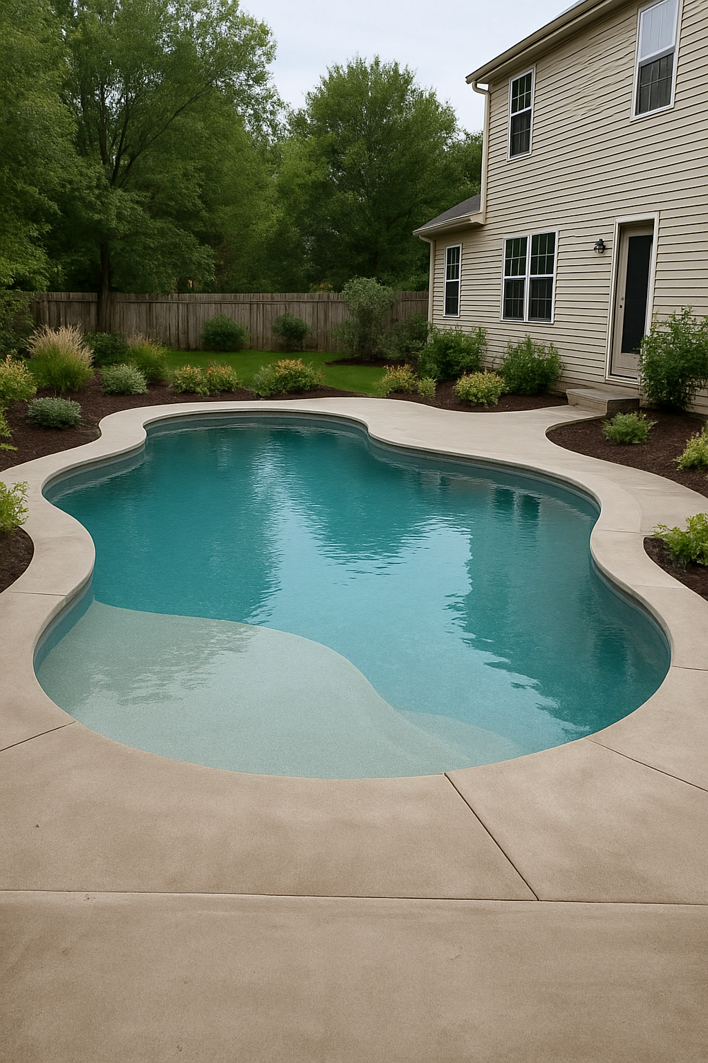 Freeform backyard pool with a tanning ledge and planted beds behind a two-story home