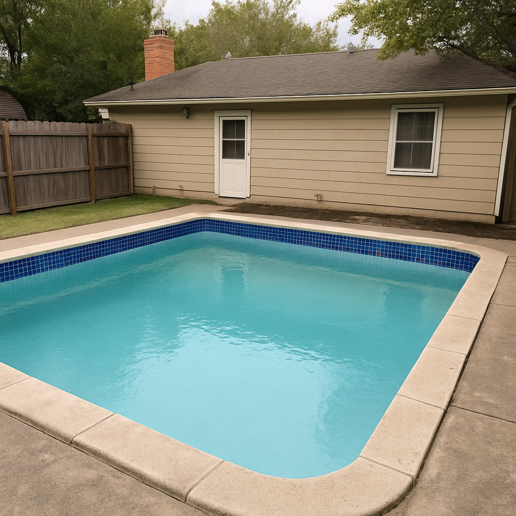 Renovated backyard pool with new blue waterline tile and refinished interior