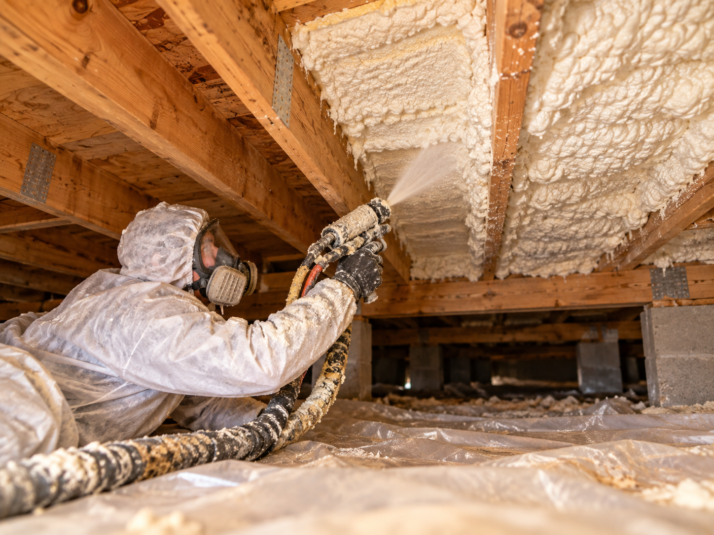 Crawl space insulation installed under the floor of a home