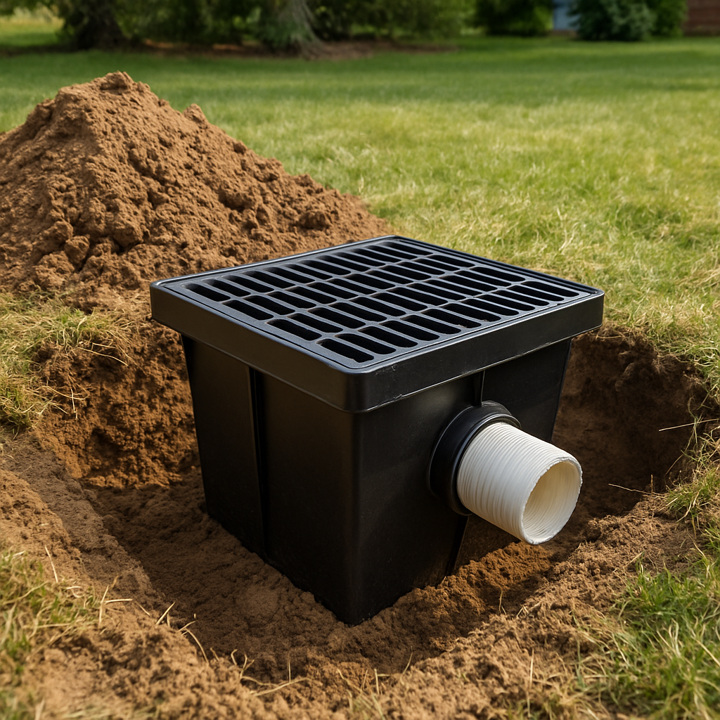 Square black catch basin box with grate being set into an excavated low spot in a yard