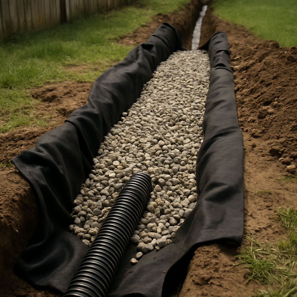 Open French drain trench lined with filter fabric, perforated pipe and washed gravel beside a lawn