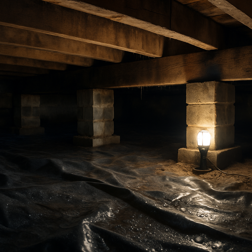 Damp residential crawlspace with moisture staining and condensation on floor joists