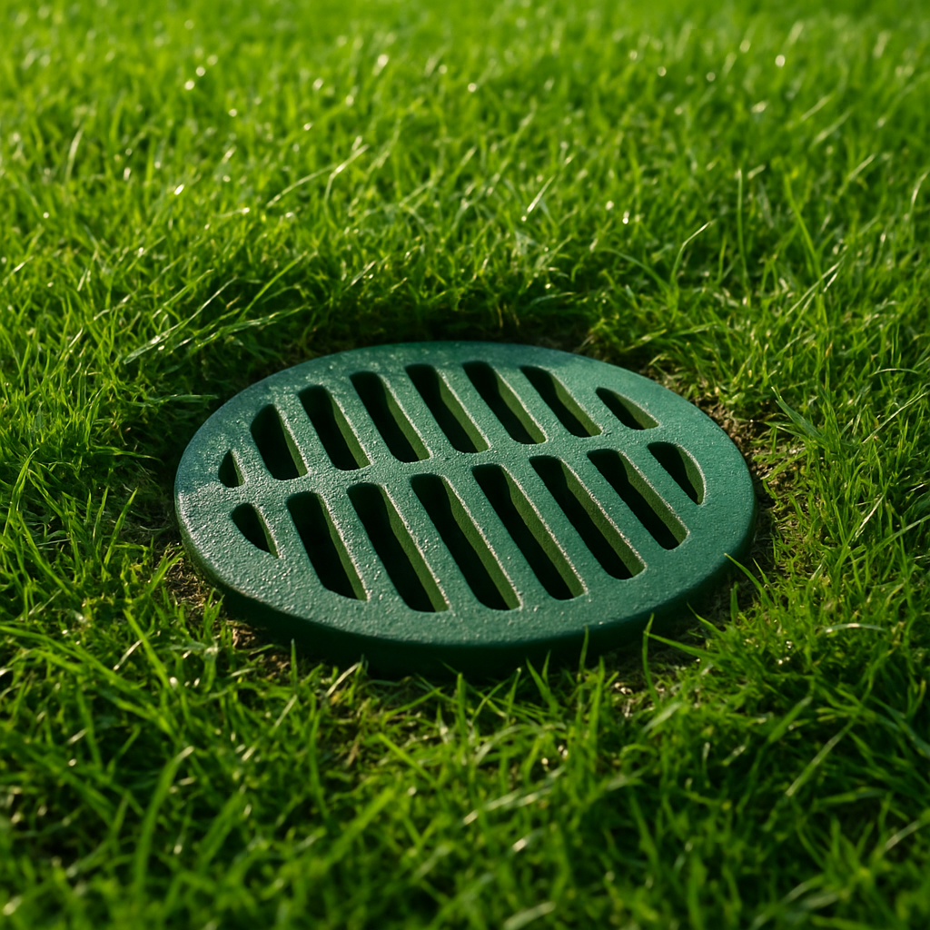 Round green surface drain grate set flush in a healthy backyard lawn