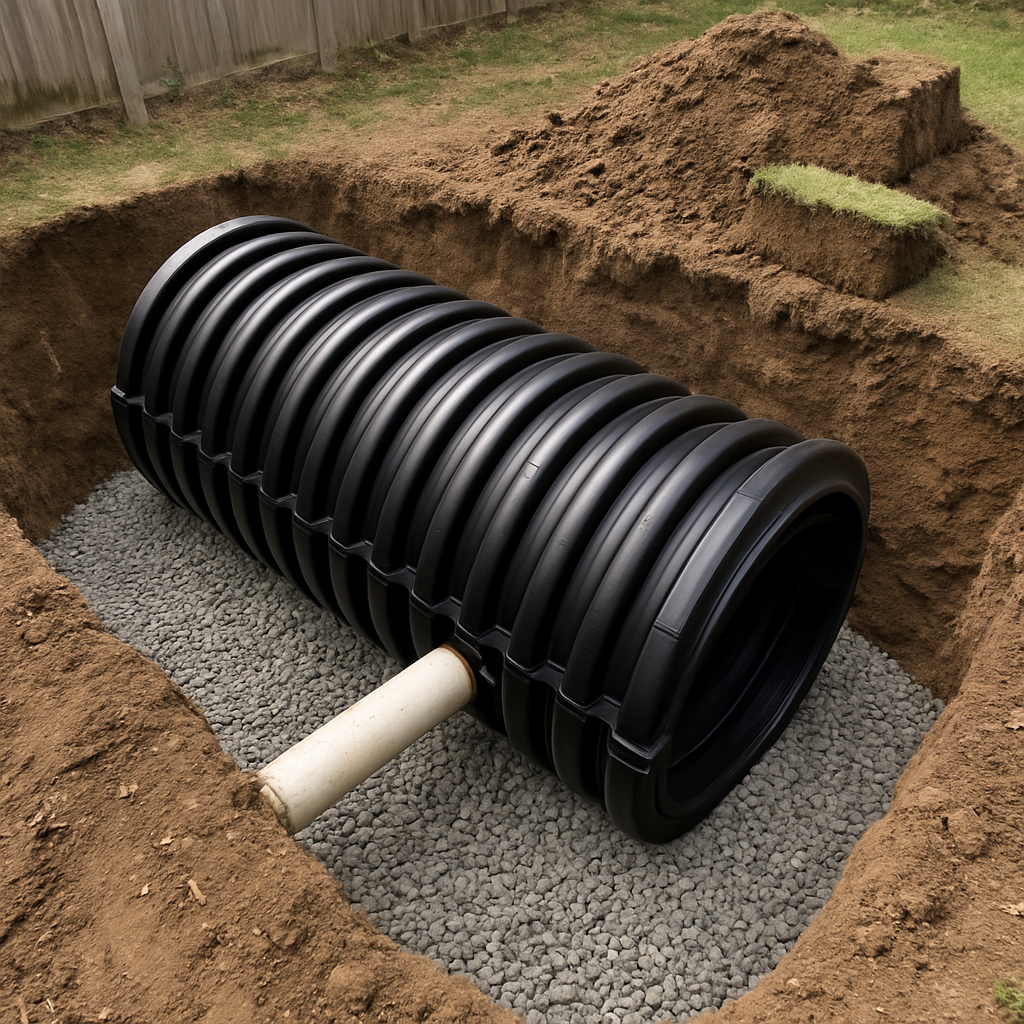 Large dry well infiltration chamber sitting in a gravel-lined excavation in a back yard
