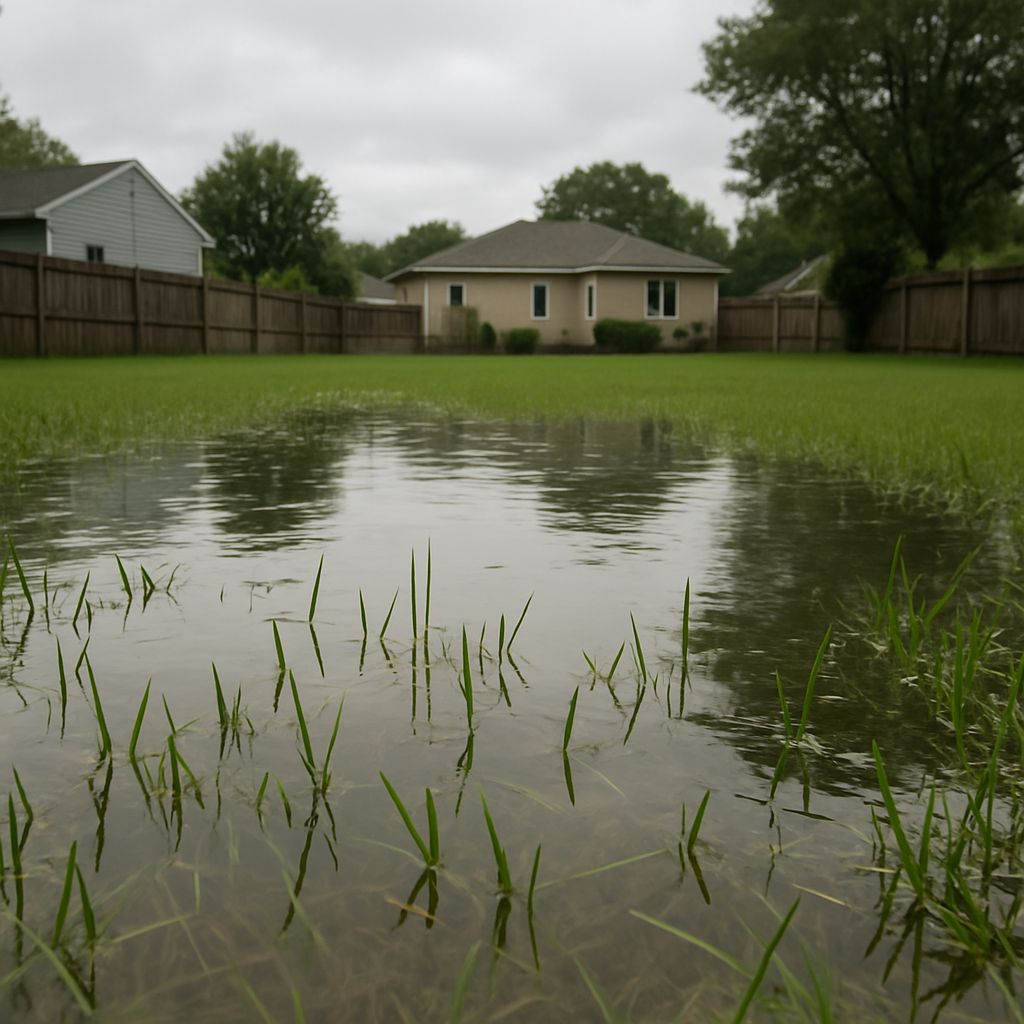 Standing water pooled across a residential back lawn after heavy rain