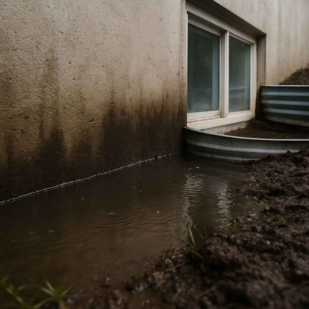 Rainwater pooling against a house foundation wall and window well