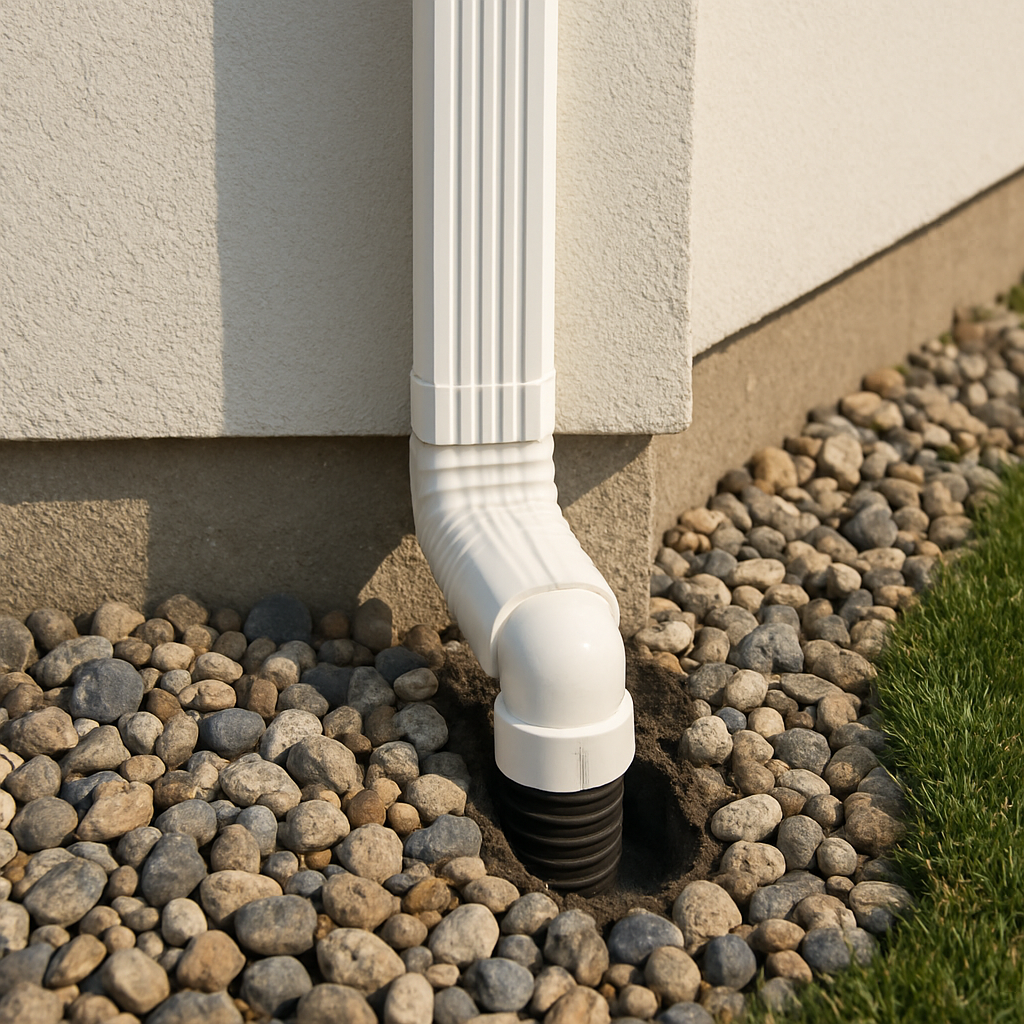 House downspout connected into a buried drain pipe at the base of the wall