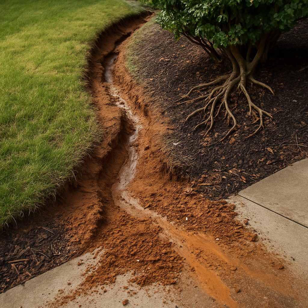 Erosion channel cut through a sloped lawn and mulch bed by runoff