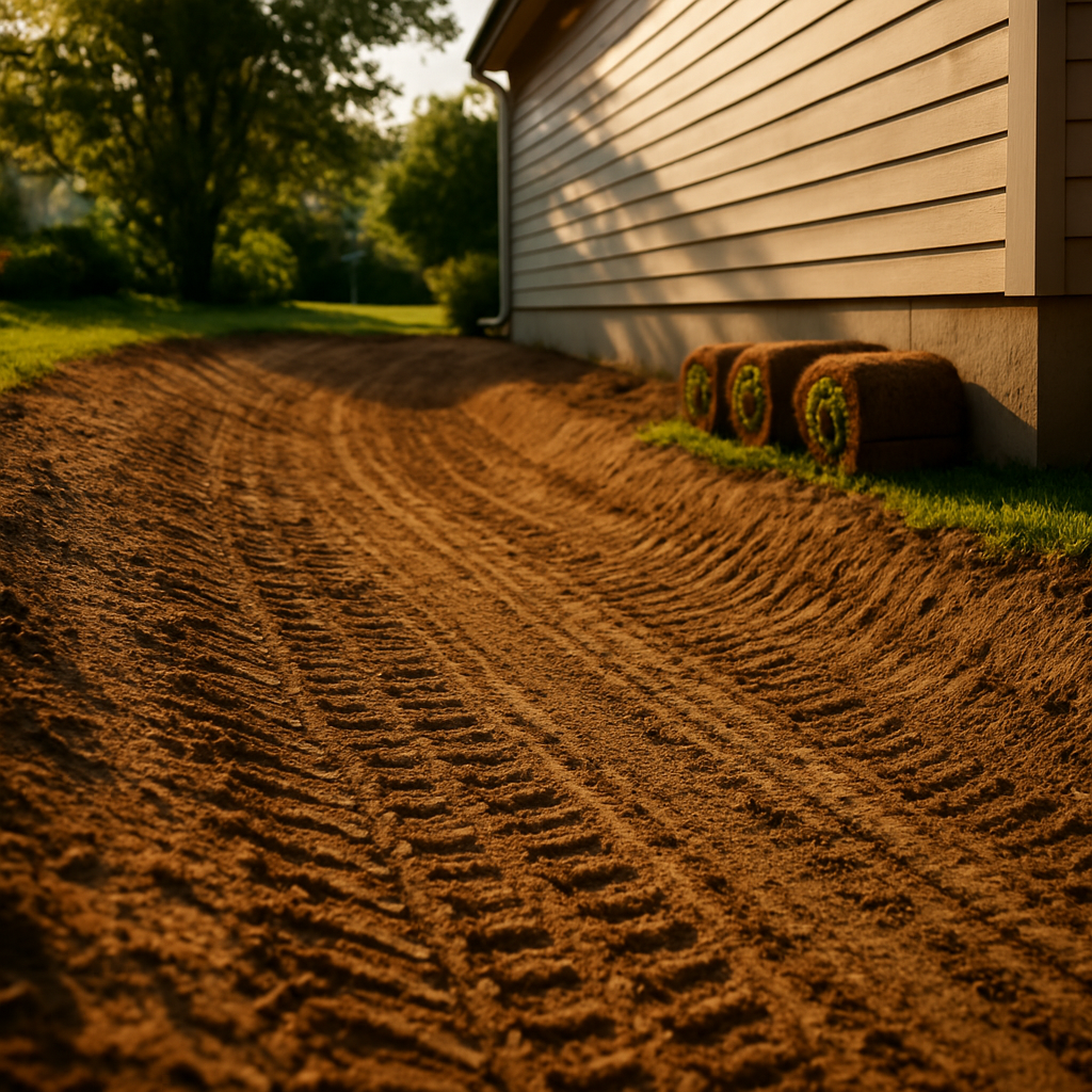 Freshly graded soil swale sloping away from a house wall before new sod is laid