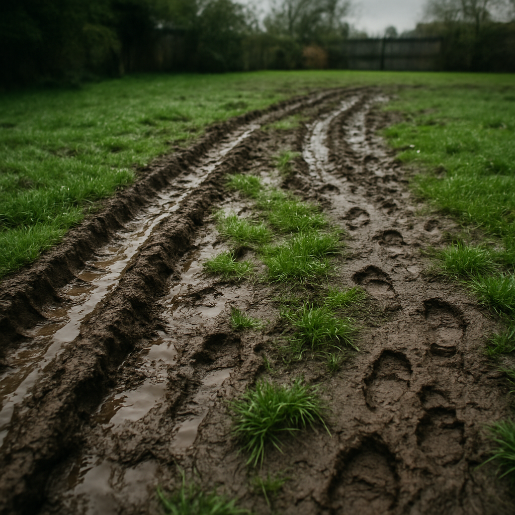 Muddy backyard lawn with soft ground and deep ruts after rain