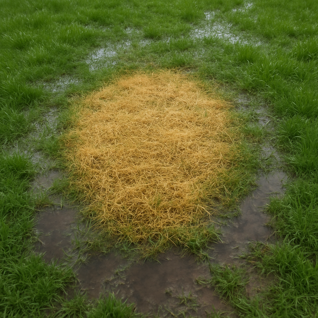 Patch of yellowed dead grass and bare soil in a waterlogged lawn