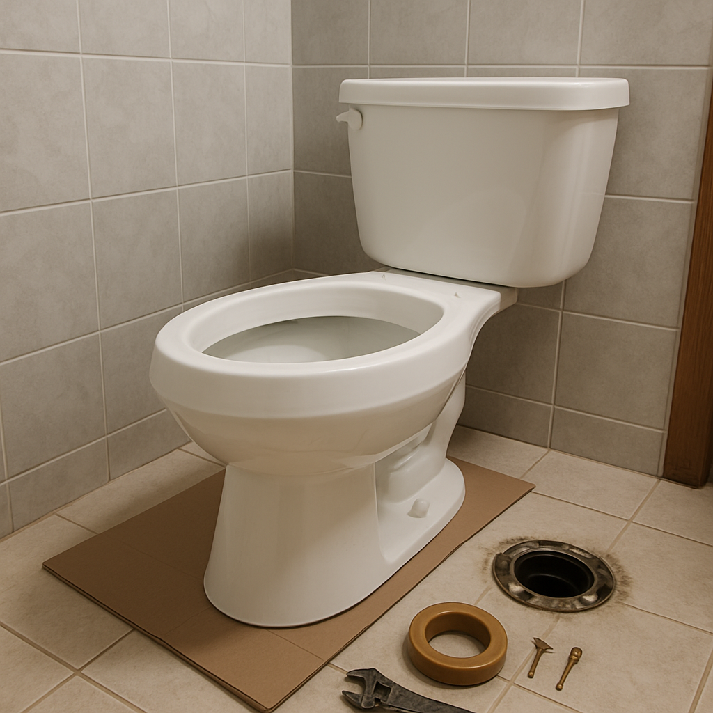 Toilet lifted off the flange in a small bathroom with a new wax ring on the floor