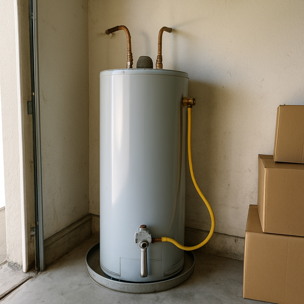 Gas water heater in a residential garage with supply lines and drain pan