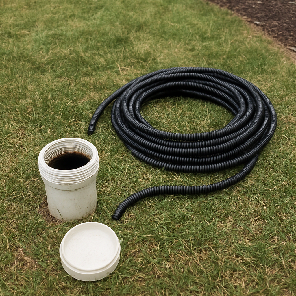 Sewer cleanout cap in a back yard lawn with a drain auger hose coiled beside it