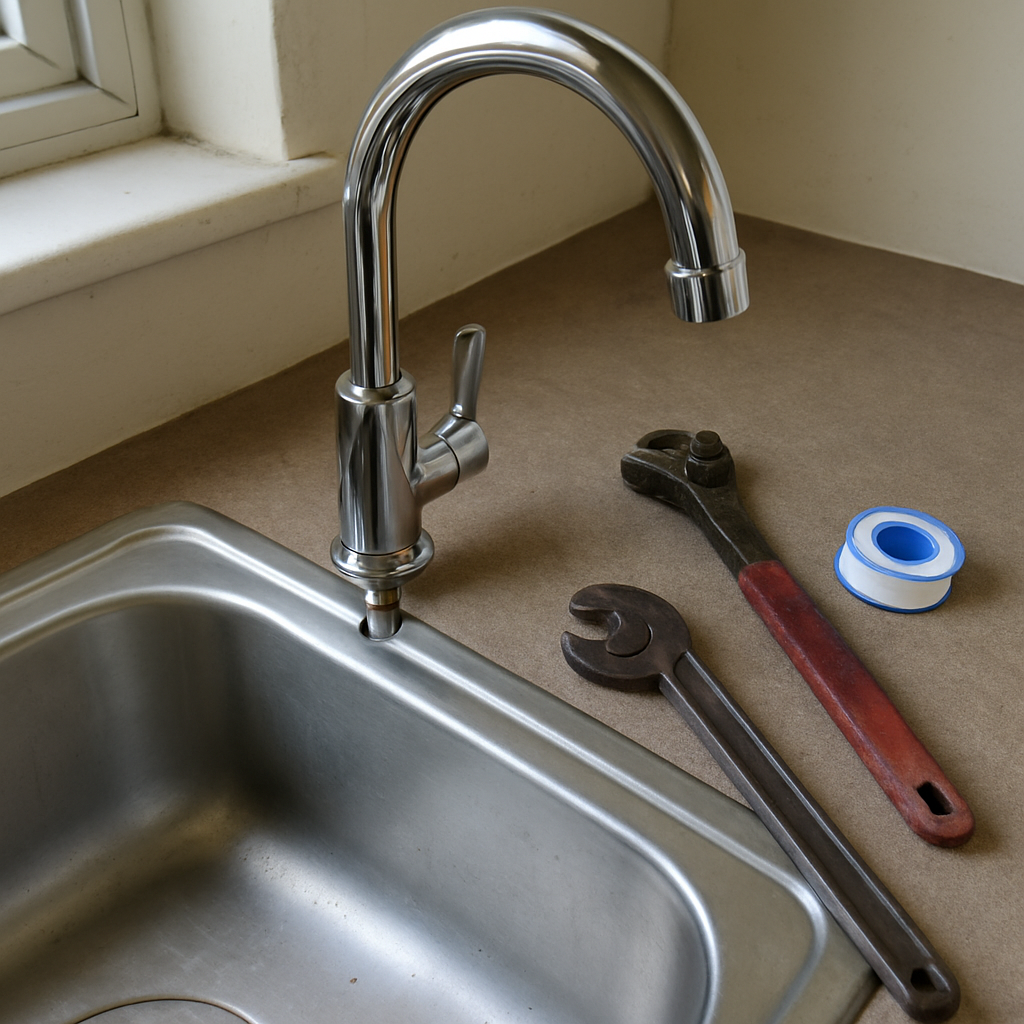 Chrome kitchen faucet being installed on a countertop with hand tools nearby