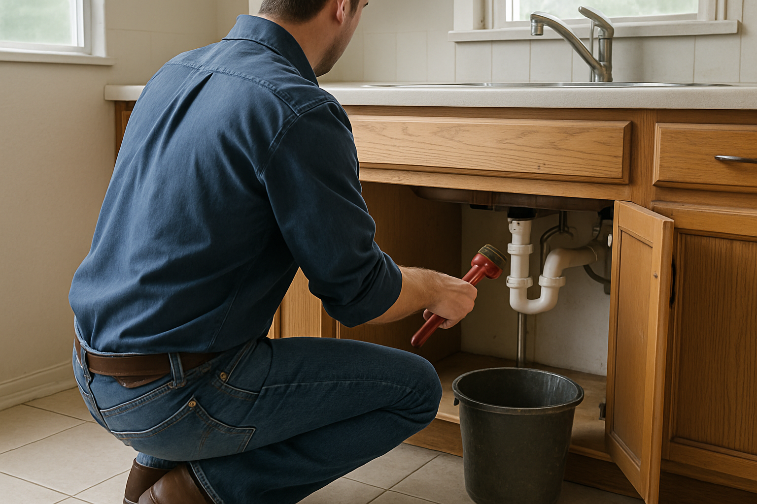 Plumber kneeling under an open kitchen sink cabinet with a wrench and bucket