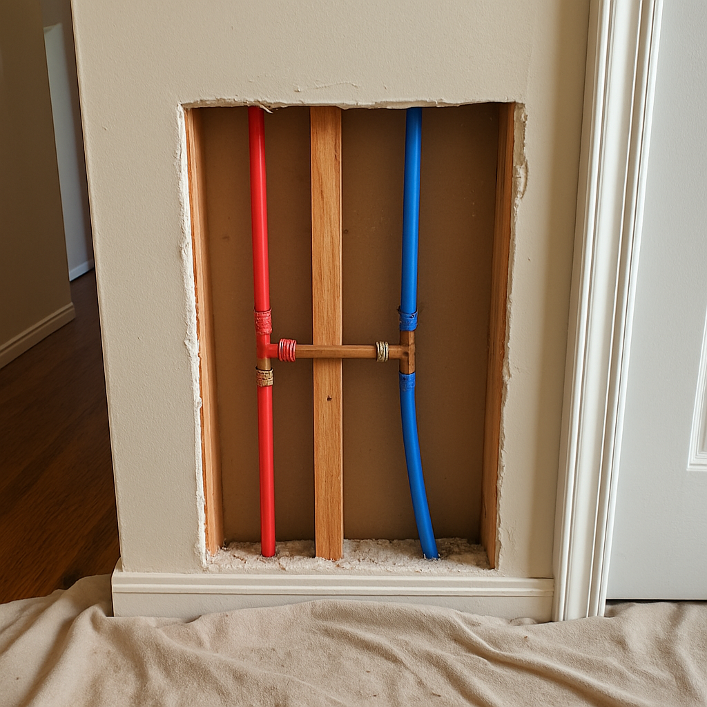 Open drywall section showing new water supply lines running between wall studs