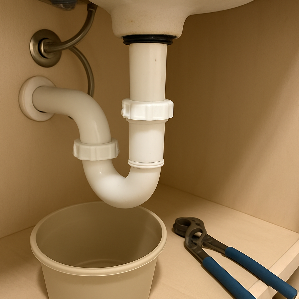 P-trap under a bathroom sink being removed with a bucket underneath