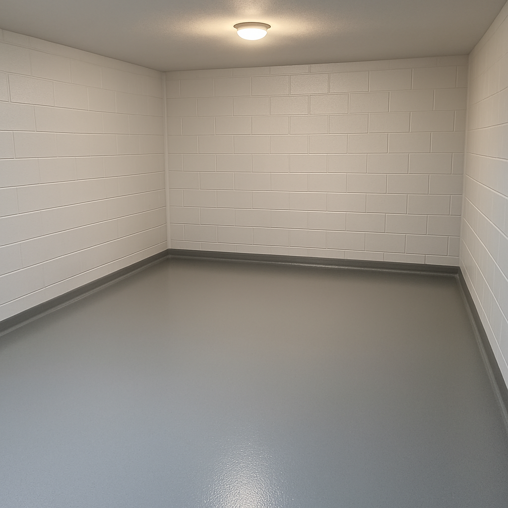 Finished basement floor with a solid light gray epoxy coating and clean cove edge
