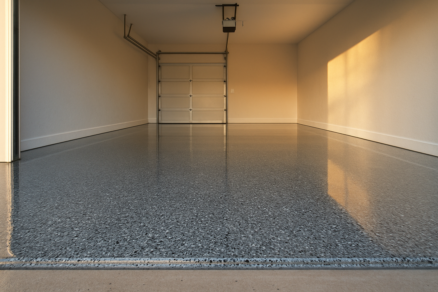 Glossy gray flake epoxy coating on a two-car garage floor with a clean crisp edge along the wall