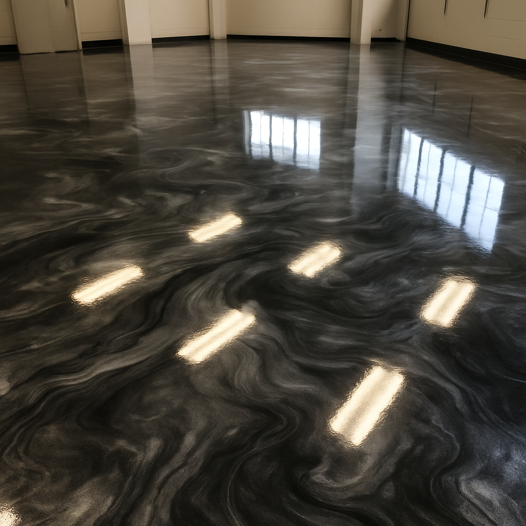 High gloss metallic epoxy floor with swirled pewter and charcoal marbling reflecting overhead lights