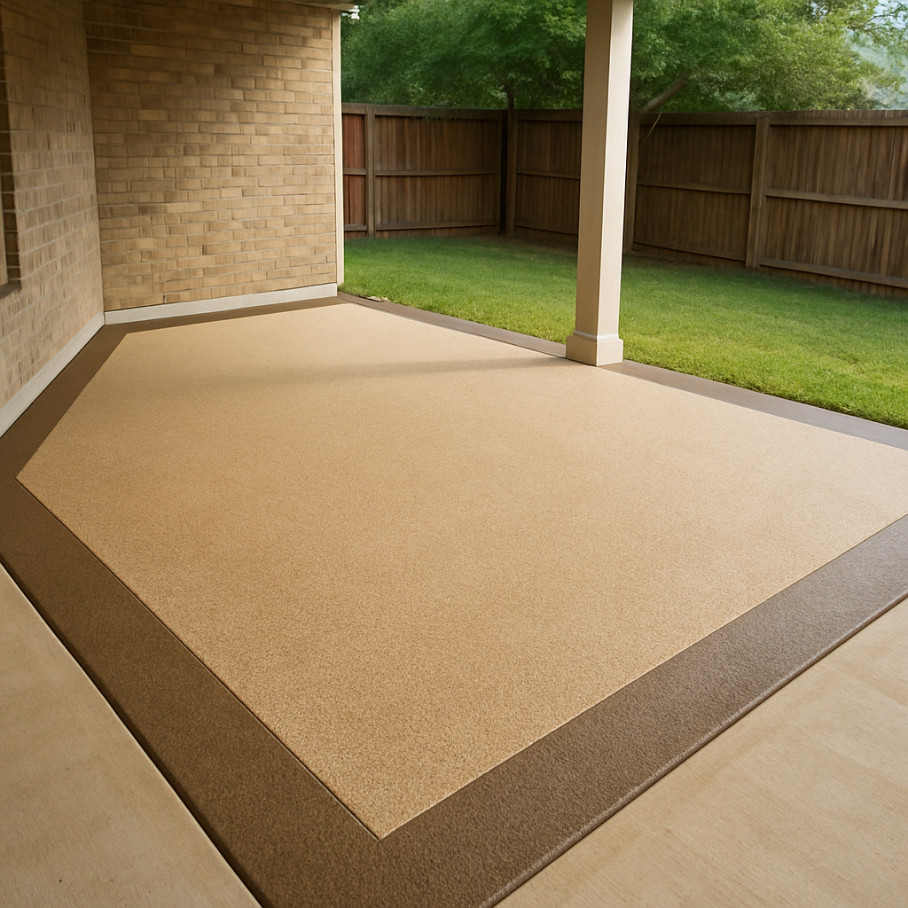 Covered concrete patio slab with a textured tan anti-slip coating and crisp border