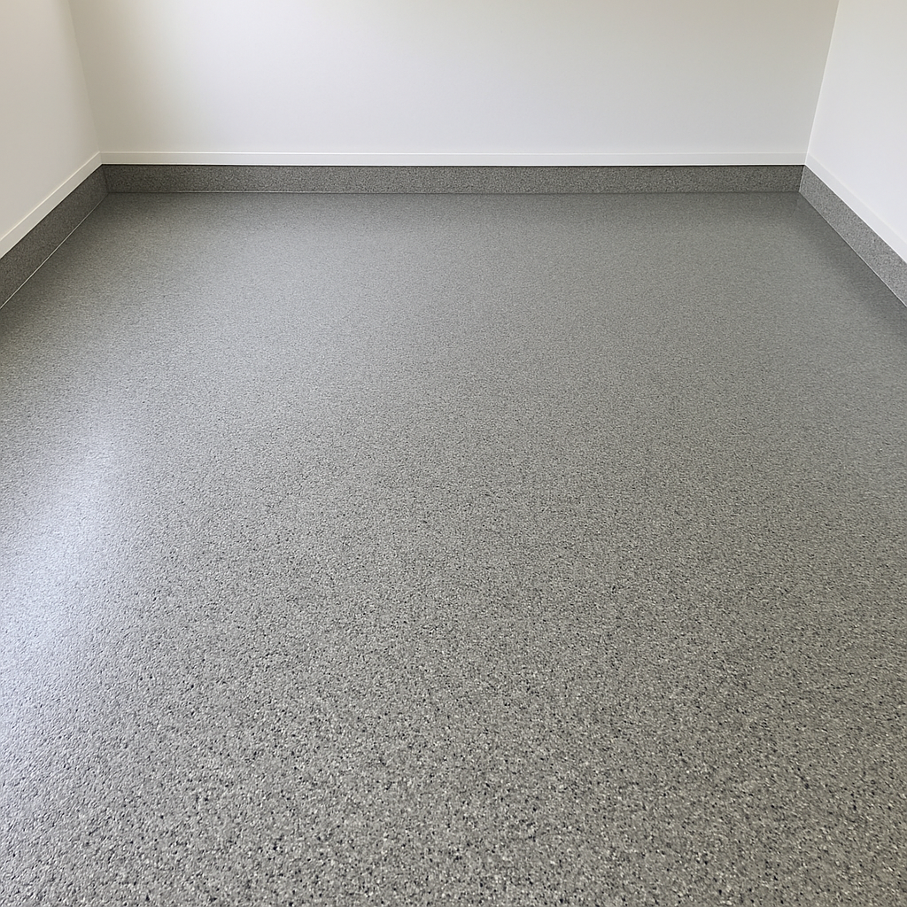 Two-car garage floor finished in gray and black flake epoxy with a satin sheen