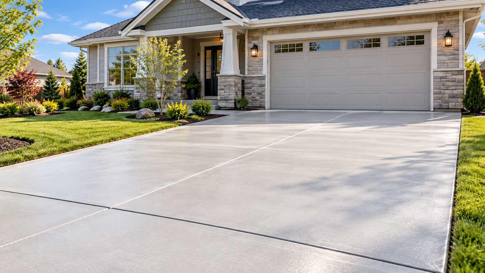 Freshly finished residential concrete work at a home exterior