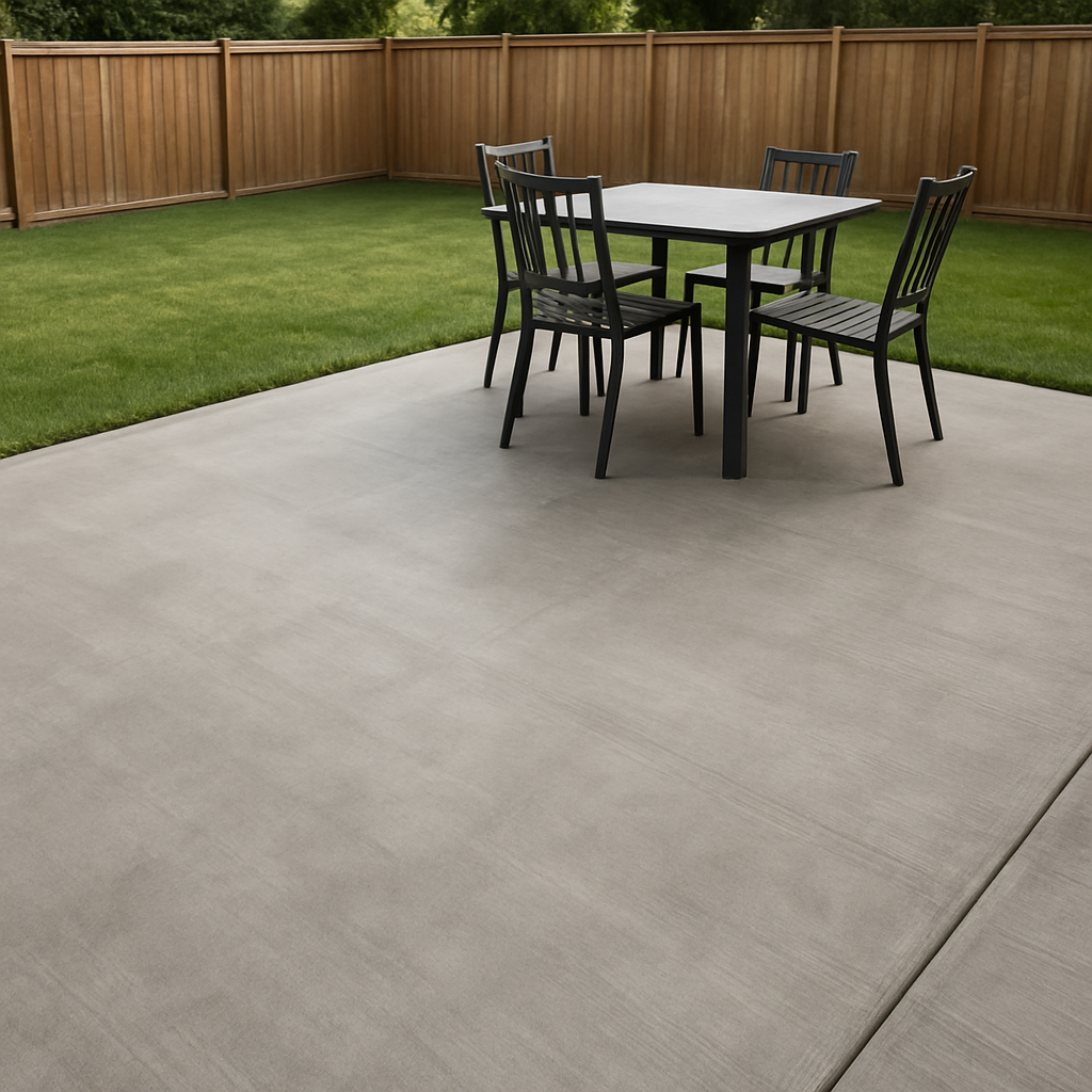 Smooth concrete backyard patio slab with patio furniture and a lawn edge