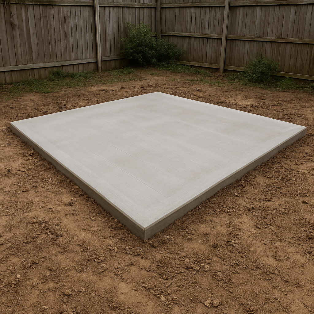 Newly poured square concrete slab pad in a backyard, ready for a shed or hot tub