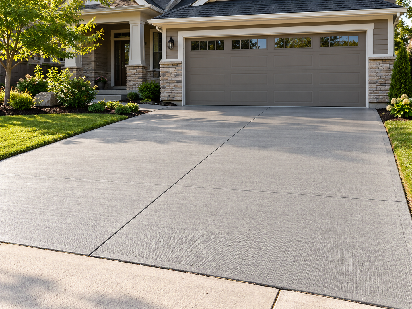 Broom-finish concrete driveway for a two-car garage with clean control joints