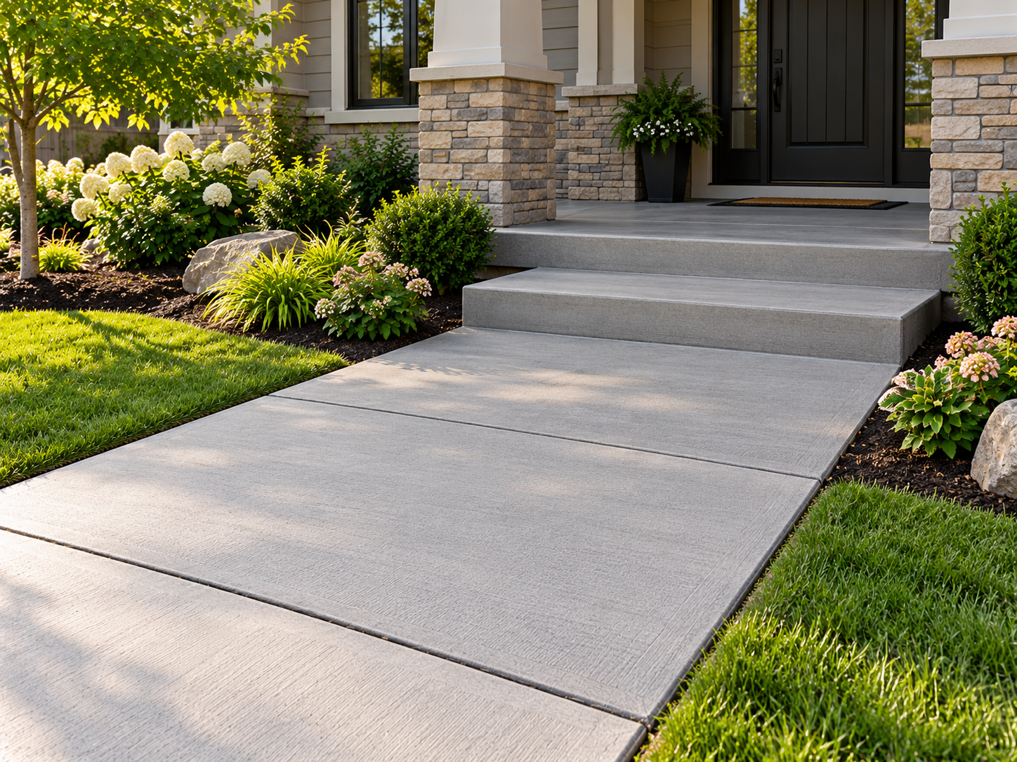 Concrete front walkway with steps and a landing leading to a home entry