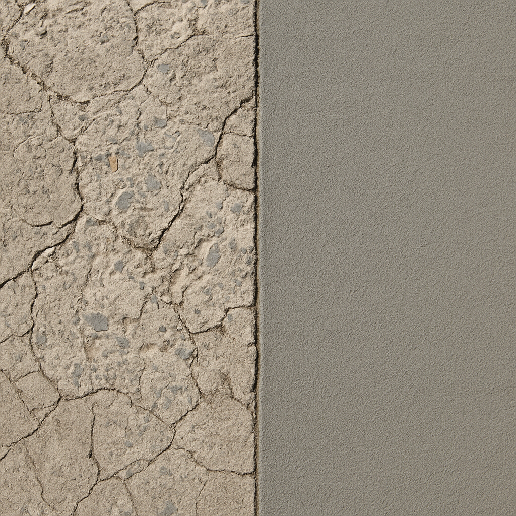 Cracked and spalled concrete slab partly resurfaced with a smooth fresh overlay