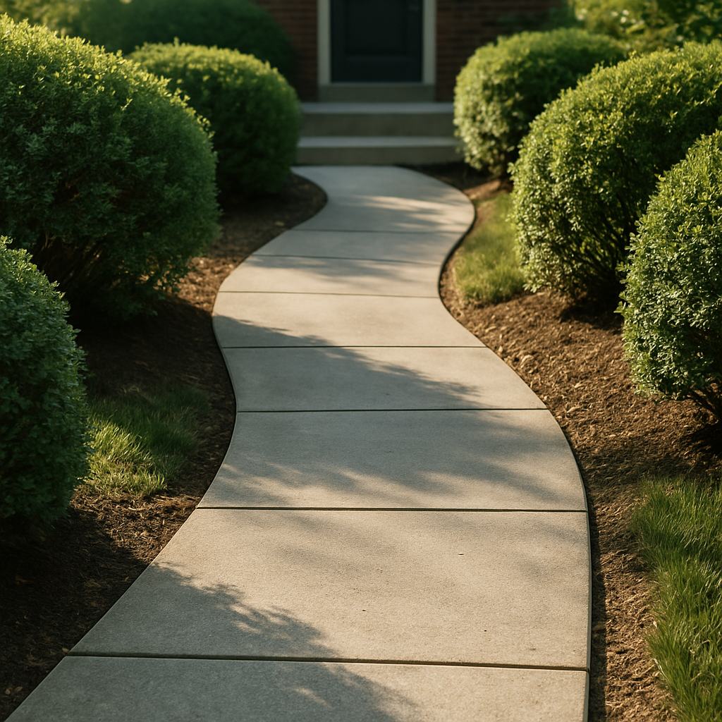 Concrete front walkway with jointed panels leading to a home entry with a step landing