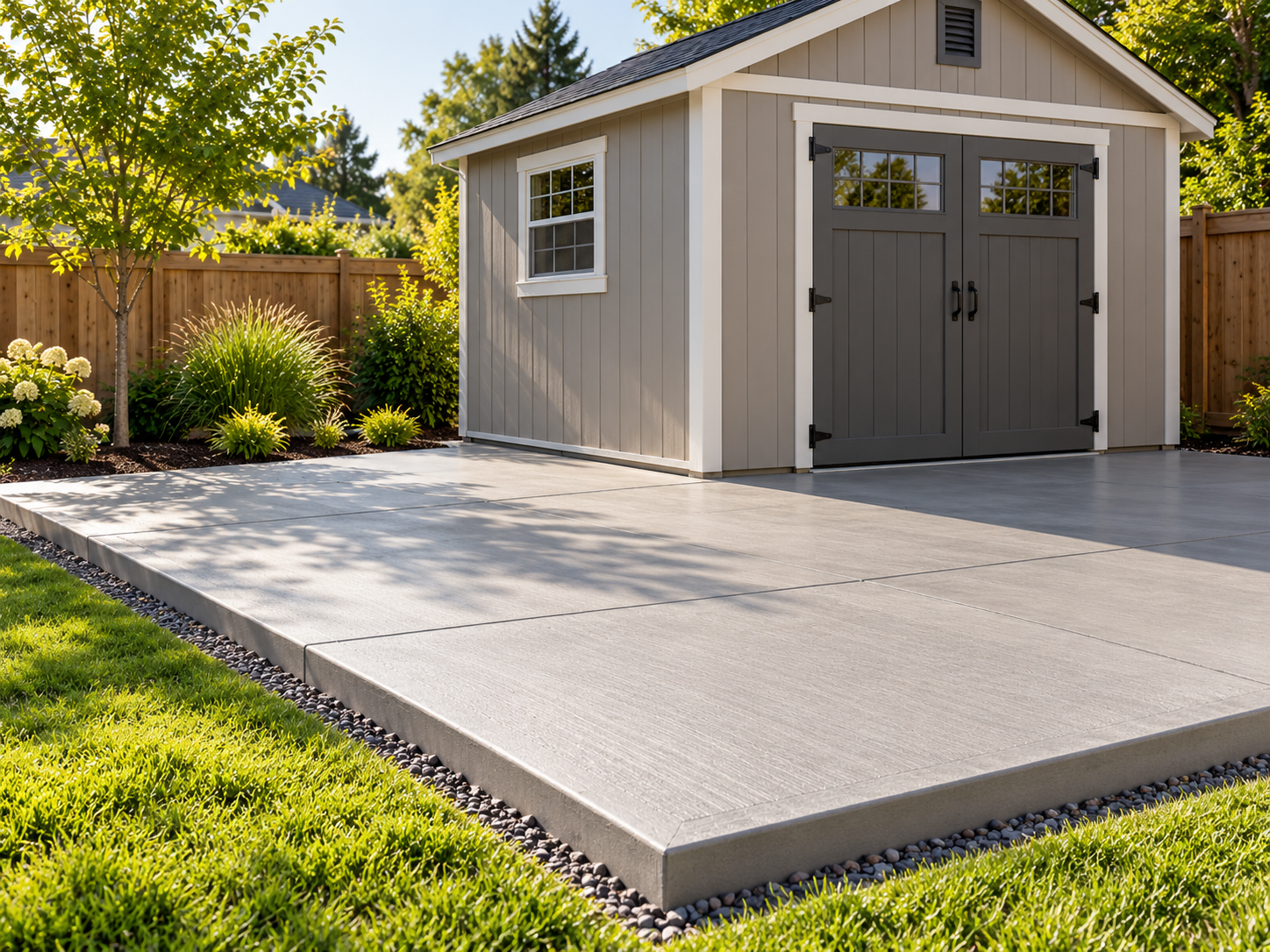 Reinforced concrete slab poured for a shed or backyard workshop
