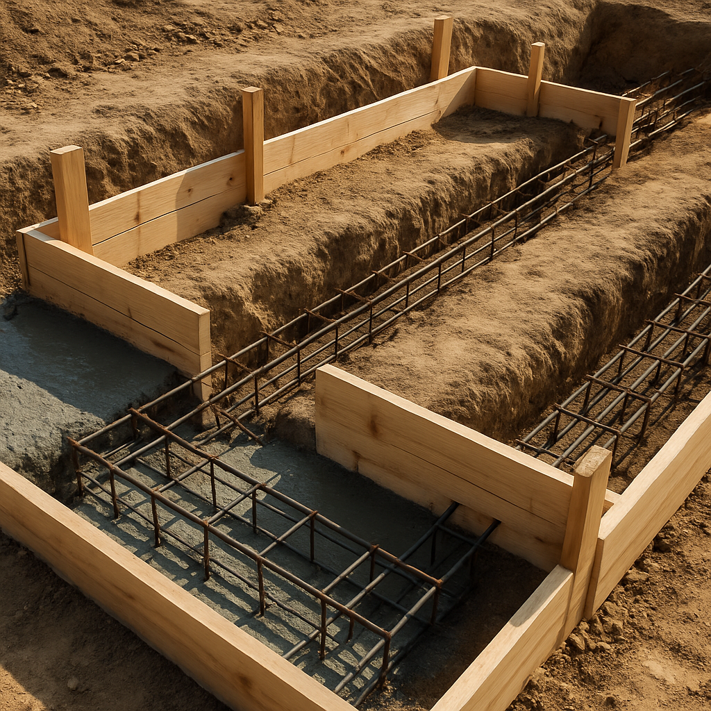Concrete foundation footing trench with rebar and formwork on a residential build site