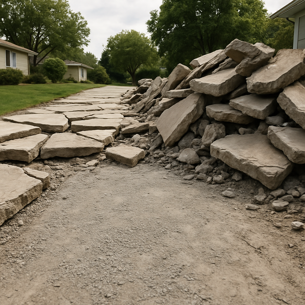 Broken-up old concrete driveway slabs demolished into rubble next to exposed compacted base