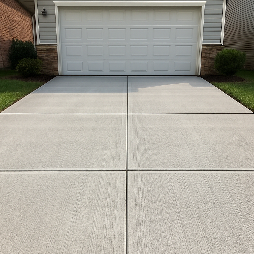 Freshly finished concrete driveway with control joints running up to a two-car garage