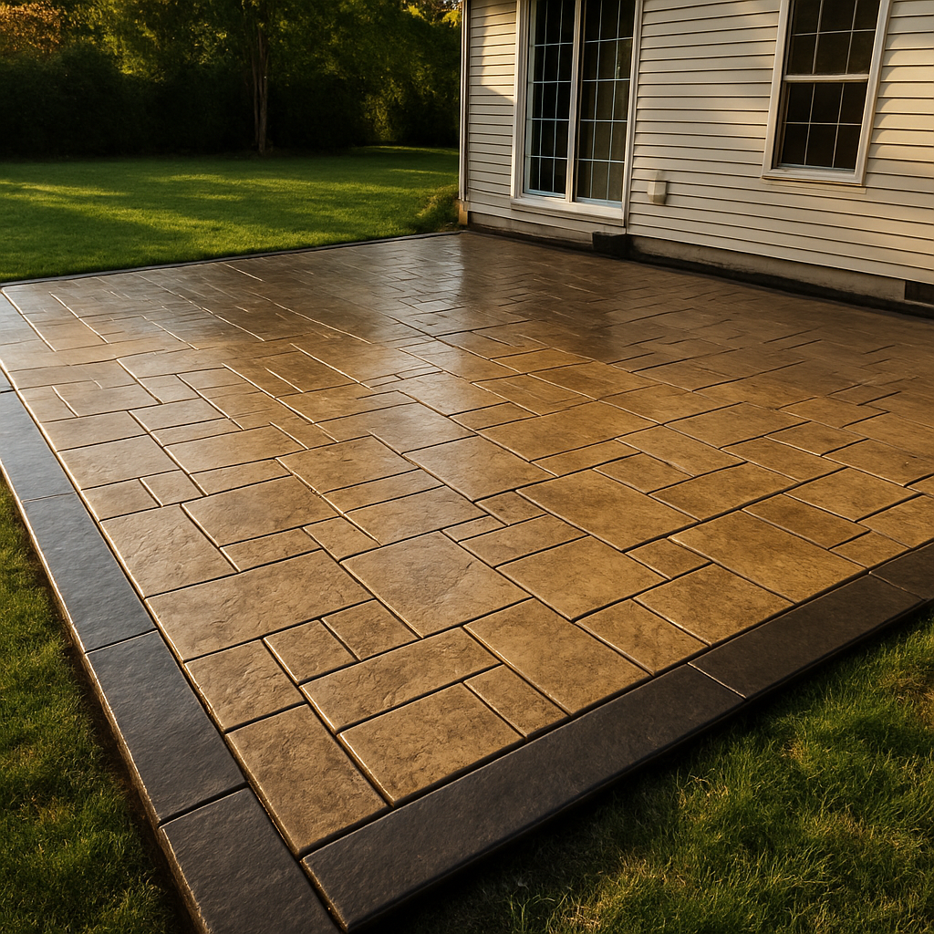 Stamped concrete patio with an ashlar slate pattern and a contrasting colored border