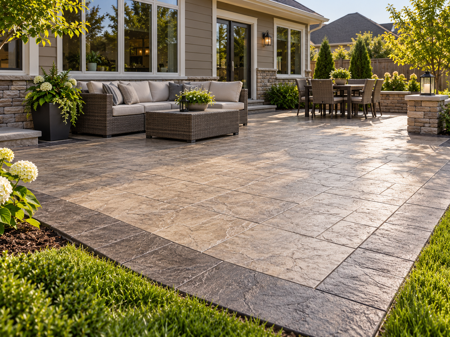 Stamped concrete patio with a patterned surface and a contrasting colored border