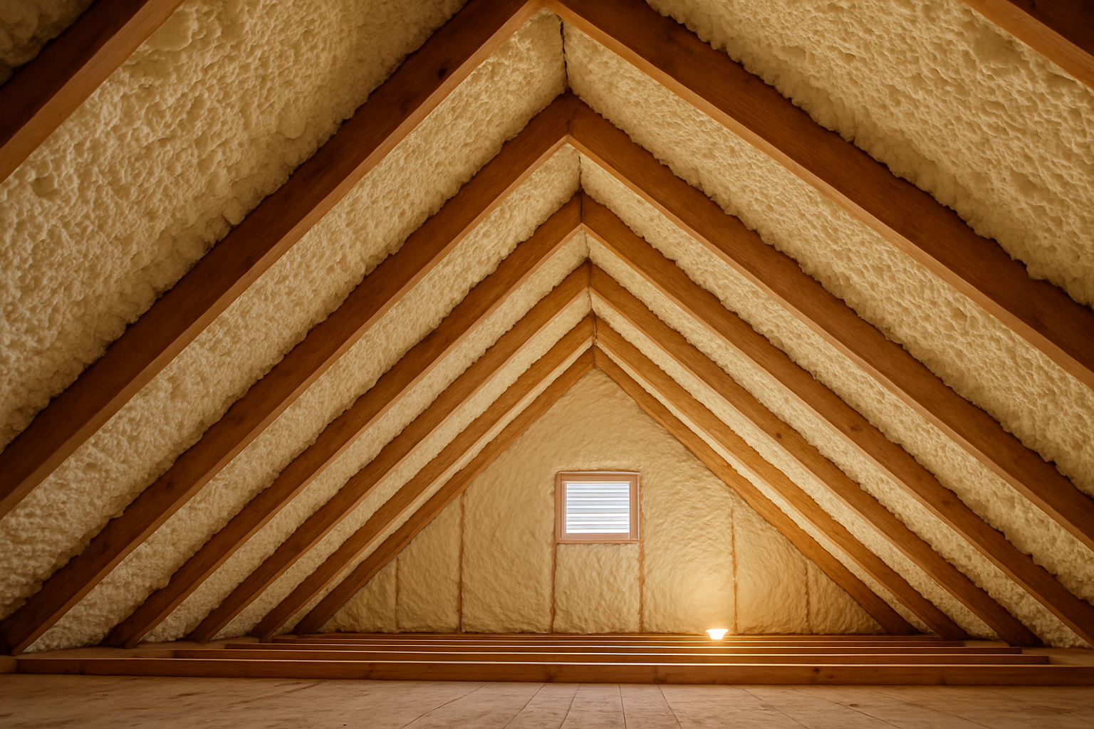Freshly applied cream-colored spray foam insulation filling the rafter bays of a residential attic