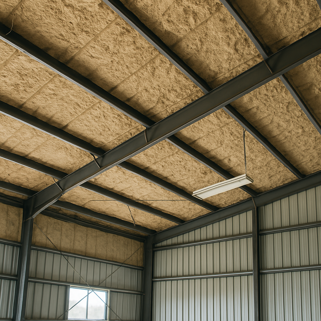 Interior metal building ceiling and steel purlins covered with a layer of spray foam insulation